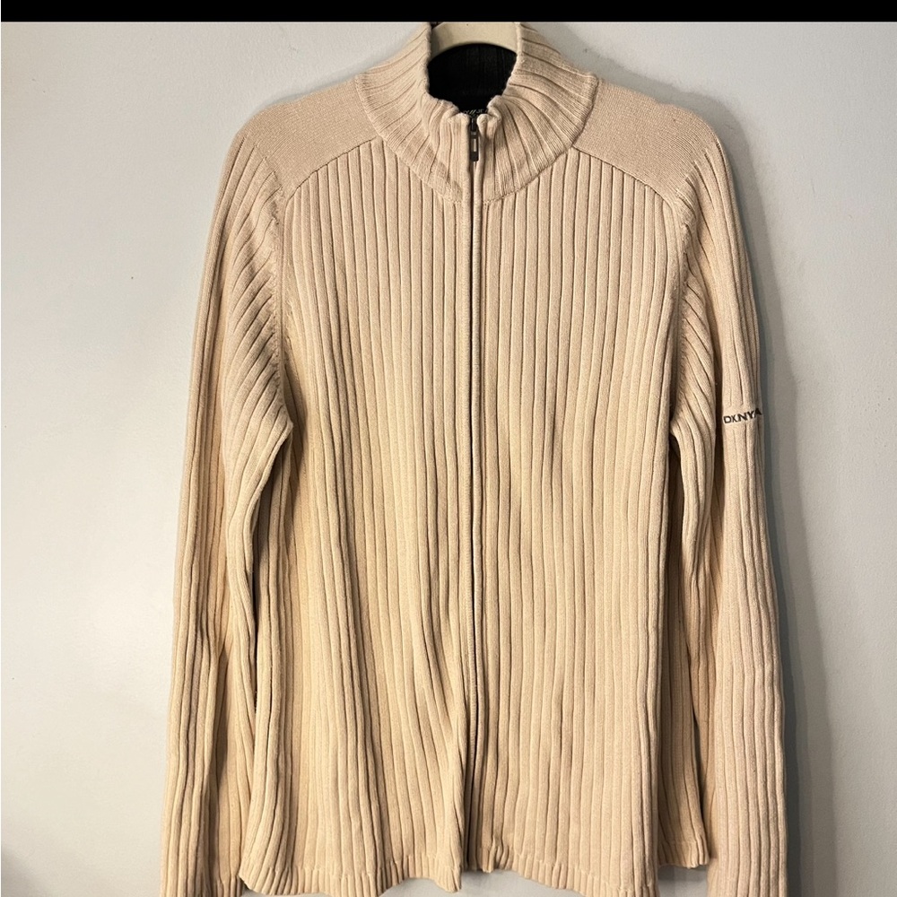 DKNY JEANS SIZE XL CREAM COLORED RIBBED FULL ZIP MOCK NECK HEAVYISH
